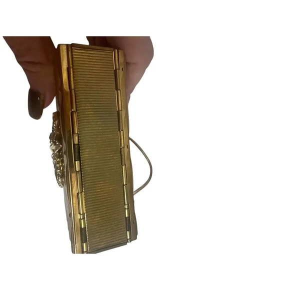 1950’s Double Sided Evan’s Metal Cosmetic Compact Gold tone Clutch With Handle - Picture 7 of 15